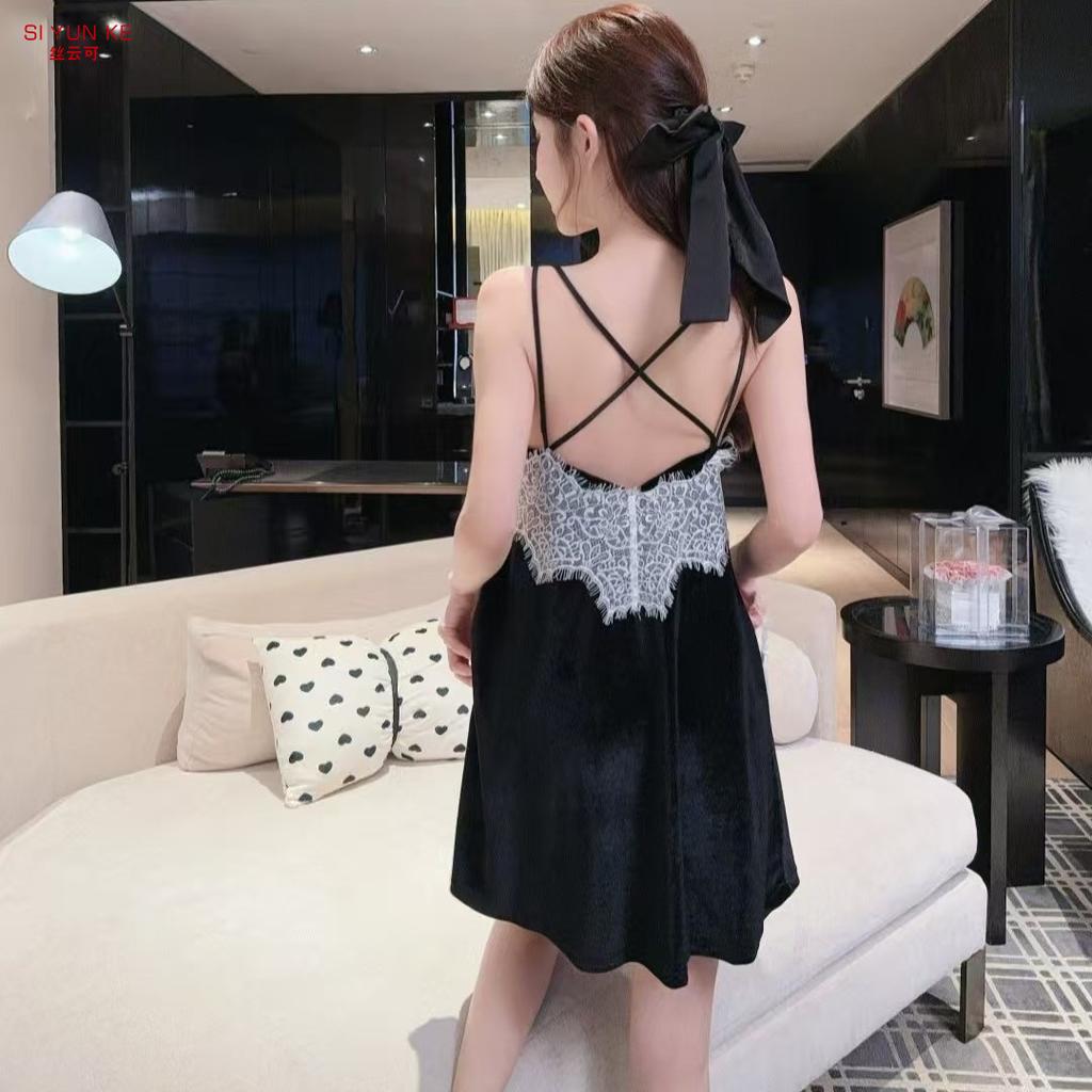 Golden velvet sexy pajamas women's autumn and winter high-end eyelashes lace pure desire wind suspender robe with chest pad loungewear