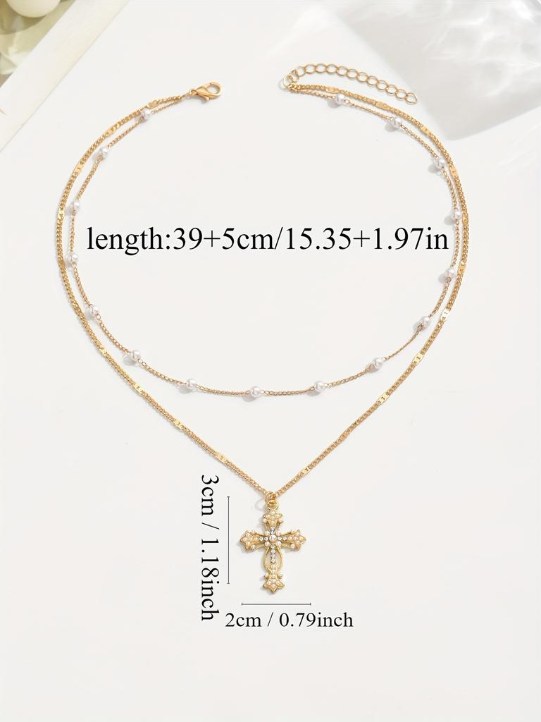 1pc Elegant Multi-Layer Golden-Tone Cross Pendant Necklace with Faux & Sparkling Crystals - Versatile Religious Jewelry for Women, Daily Wear & Holida