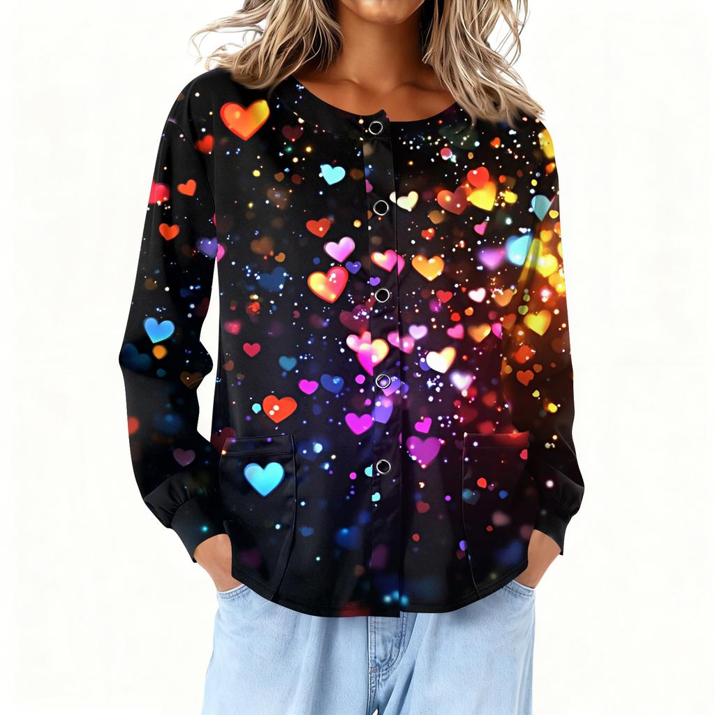 Women Long Sleeve Printed Pocket Working Stand Collar Single-breasted Protective Overalls Cardigan Jacket Top