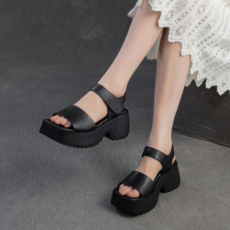 Fashion High Brand 7CM Cow Genuine Leather Sandals Boots Summer Women Hollow Pumps Peep Toe Flats Platform Wedge Booties Mary Jane Shoes