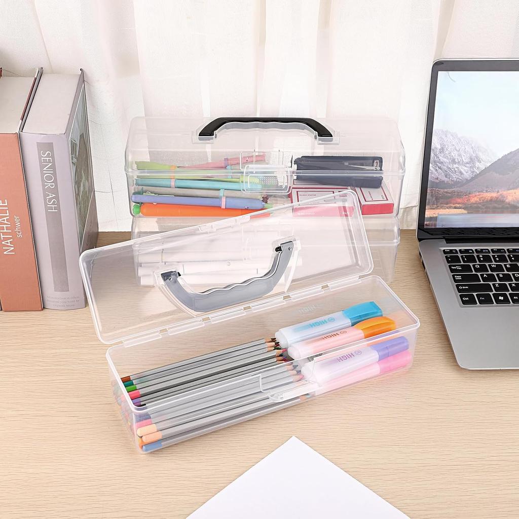 BTSKY 3 Pack Long Plastic Pencil Box Portable Clear Home Utility Boxes with Black Handle Stationery Storage Organizer Painting Tool Storage Container