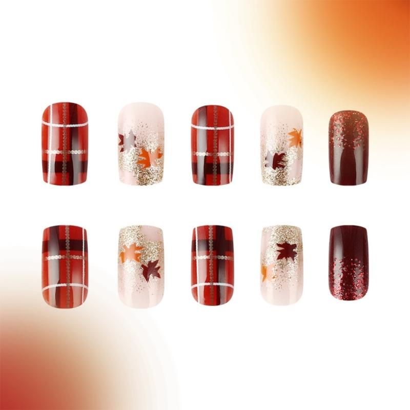 Thanksgiving Fall Press on Nails Medium Square False Nails Maple Leaf Orange Glitters Strips Acrylic Nails Stick on Nail