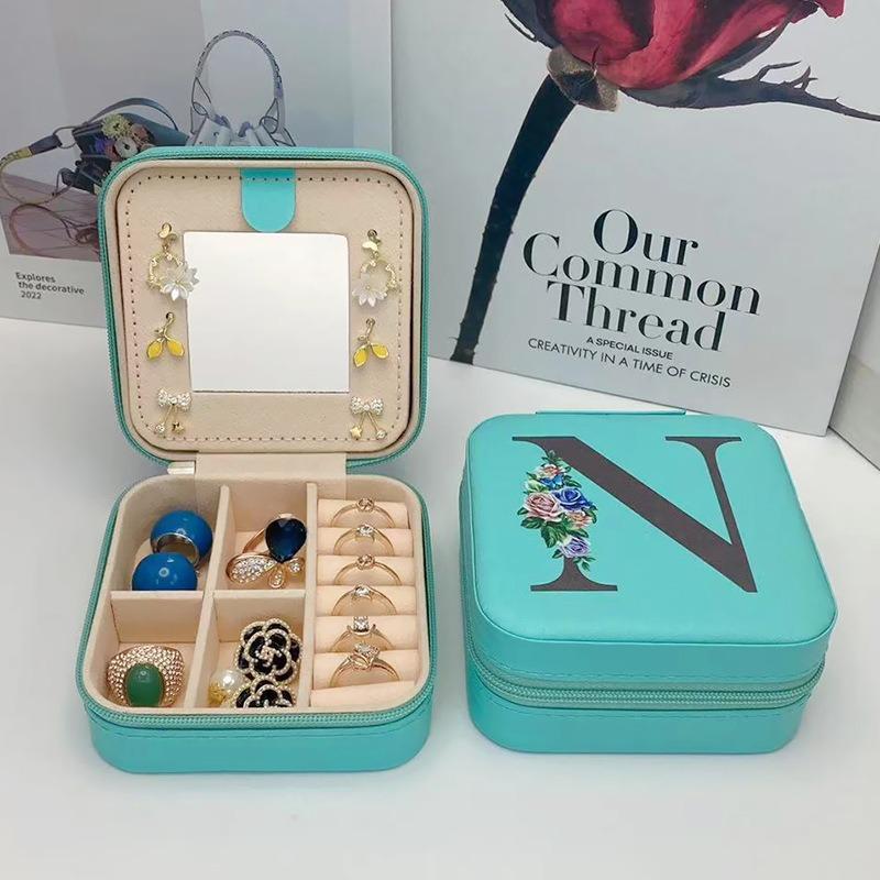 PU Leather Jewelry Box Mirror Storage Box 26 Letter Printed Portable Jewelry Organizer Earring Ring Necklace Case