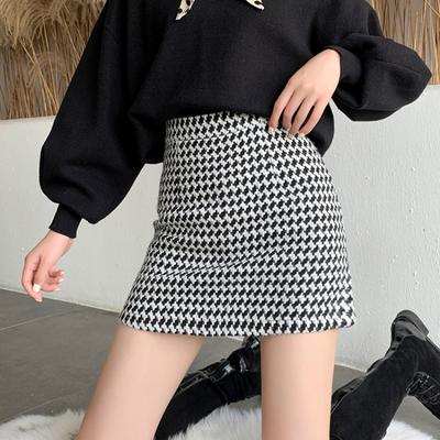 Nouă, toamnă iarnă, elegantă, fustă înfășurată cu picior de gală, fuste din lână, carouri, talie înaltă, mini rochie de modă coreeană.