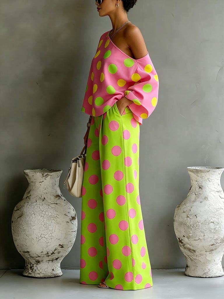 Summer New Colorful Polka Dot Off-Shoulder Flowy Two-Piece Pants Set for Women