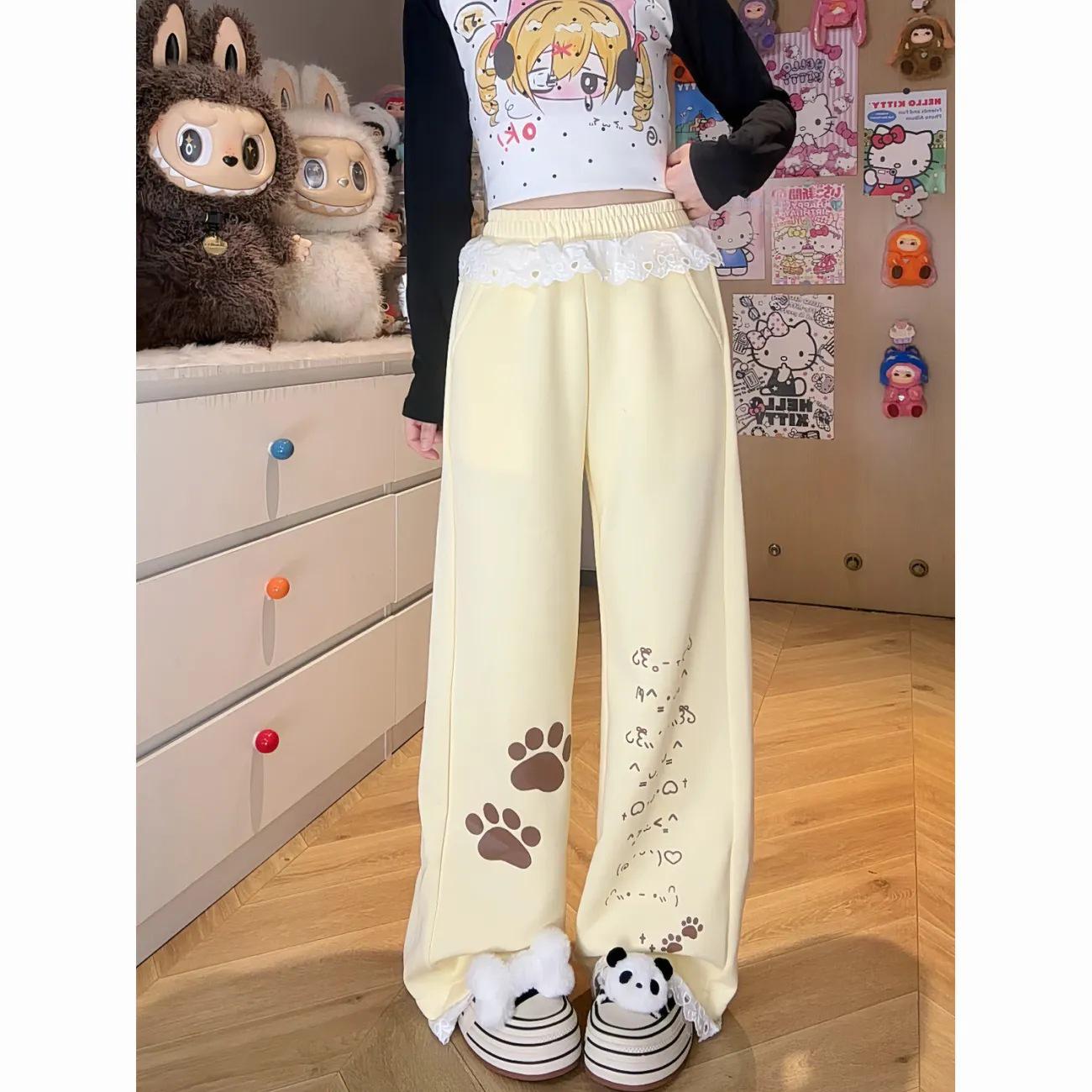 Women s Summer Elastic Waist Lace Patchwork Printed Wide-Leg Sport Pants 2XL