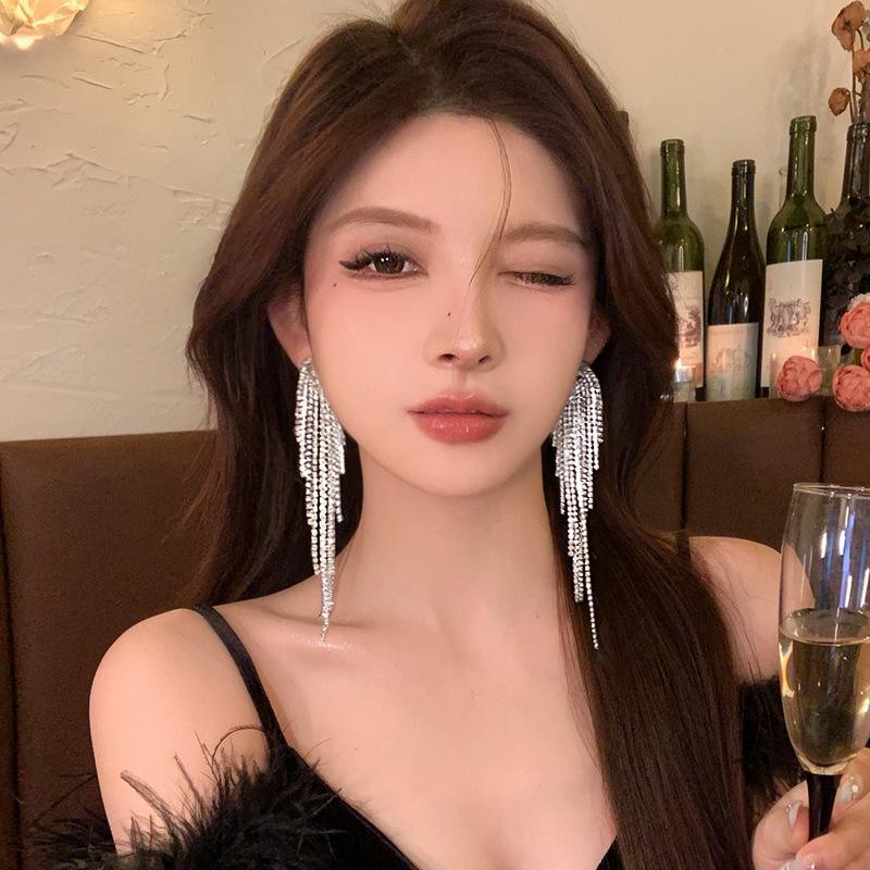 Silver Needle French Court Zircon Tassel Earrings - Elegant Geometric Studs for a Chic, Unique Look
