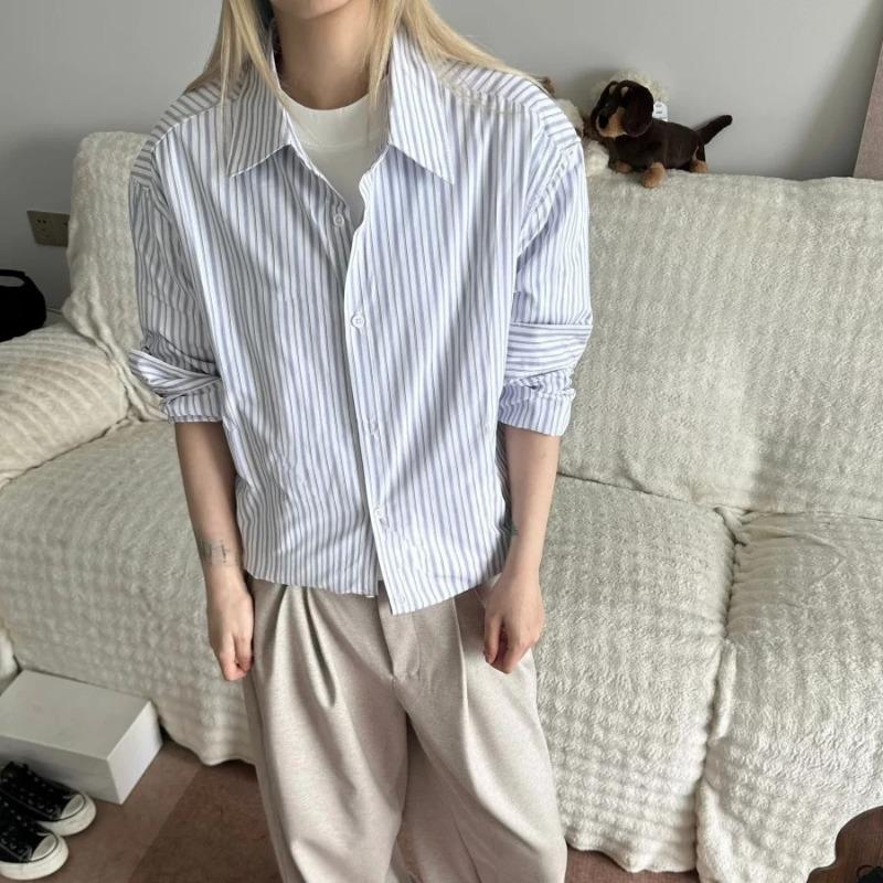 Blue White Striped Boxy Fit Long Sleeve Casual Shirt