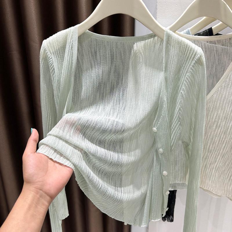 Korean Style Ice Silk Knit Women’s Cardigan & Camisole Set - Summer 2026 Button Shawl Dress Cover-up