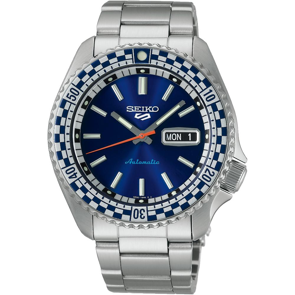 Seiko 5 Sports SRPK65K1 Herren-Automatikuhr mit blauer Checker-Flagge
