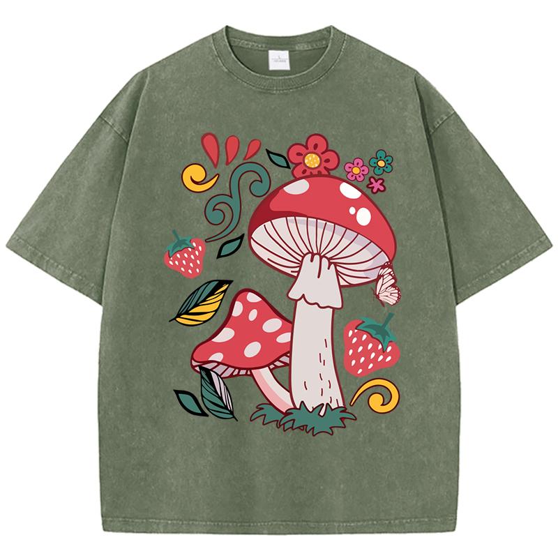 Beautiful Mushrooms Flower Strawberries Printed Washed T-Shirt Women Loose Cotton T Shirts Trendy Y2K Short Sleeve Top