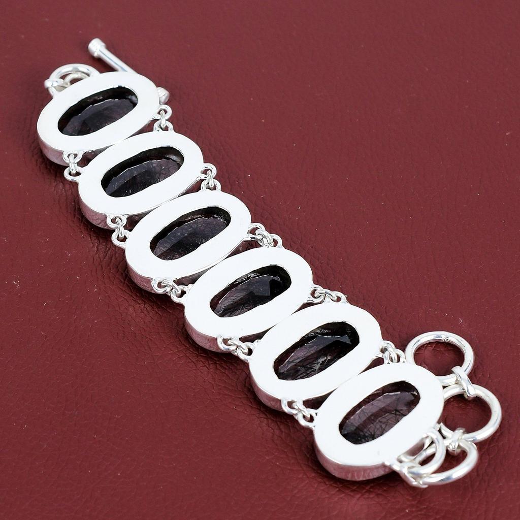 Faceted black rutile bracelet genuine gemstone bracelet handmade jewelry 925 sterling silver bracelet adjustable chain bracelet gift for mom