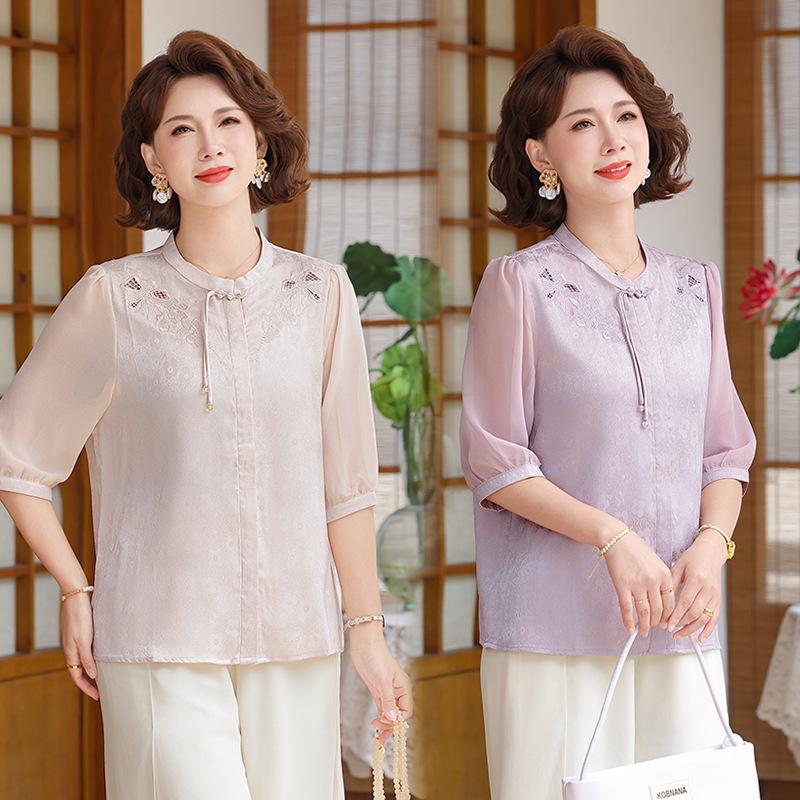 Stylish Chinese-Style Top for Women Aged 40-60 - Elegant Summer Wear for Middle-Aged and Elder Women
