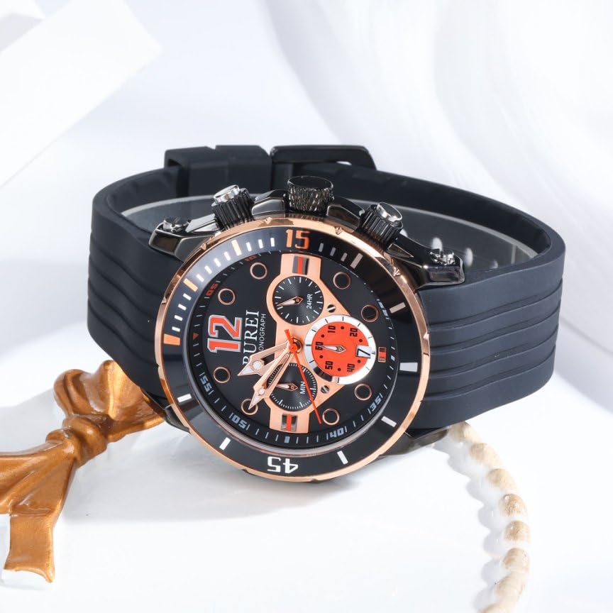 [BUREI] Men's Chronograph Analog Waterproof Quartz Watch with Black Urethane Belt, Date, Gold, Men's Selection, Gift