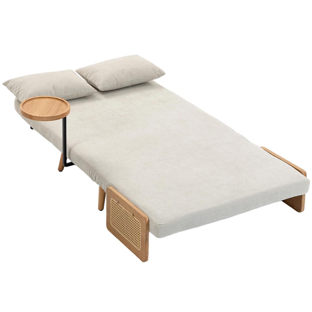 3 In 1 Convertible 2 Seater Sofa Bed Upholstered In Chenille With Adjustable Backrest Side Table And 2 Pillows Cream White