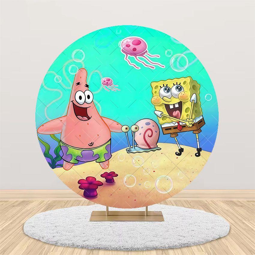 Cartoon SpongeBob Children Birthday Party Round Backdrop Cover Kid Room Decoration Baby Shower Photography Background Props
