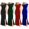 Women Summer O Neck Short Sleeve Gown Dress High Waist Side Ruffle Decor Split Hem Slim Fit Hip Wrapped Evening Party Dress