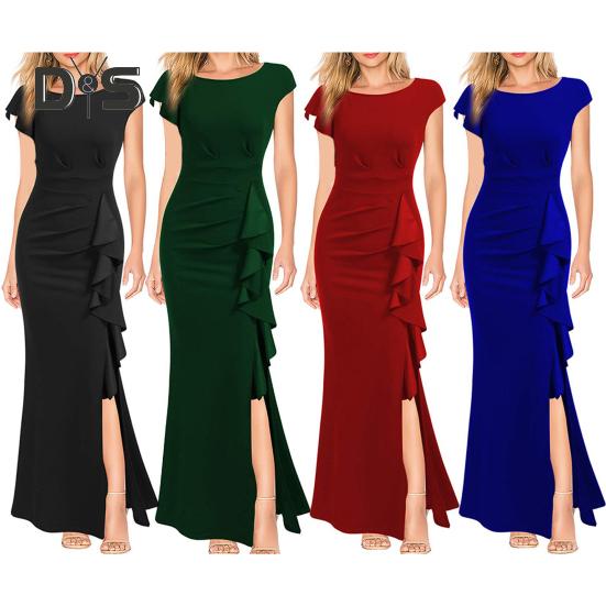 Women Summer O Neck Short Sleeve Gown Dress High Waist Side Ruffle Decor Split Hem Slim Fit Hip Wrapped Evening Party Dress