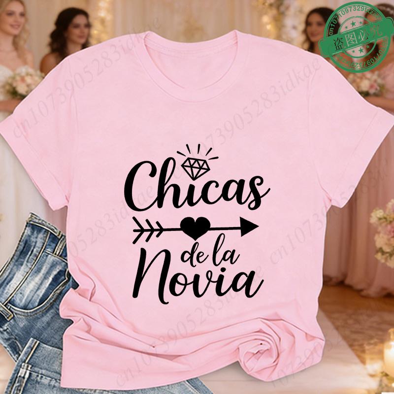 Tribu De La Novia Spanish Single Farewell Bachelorette Party T-shirts Short Sleeve O Neck Tops with Diamond Heart Arrow Graphic