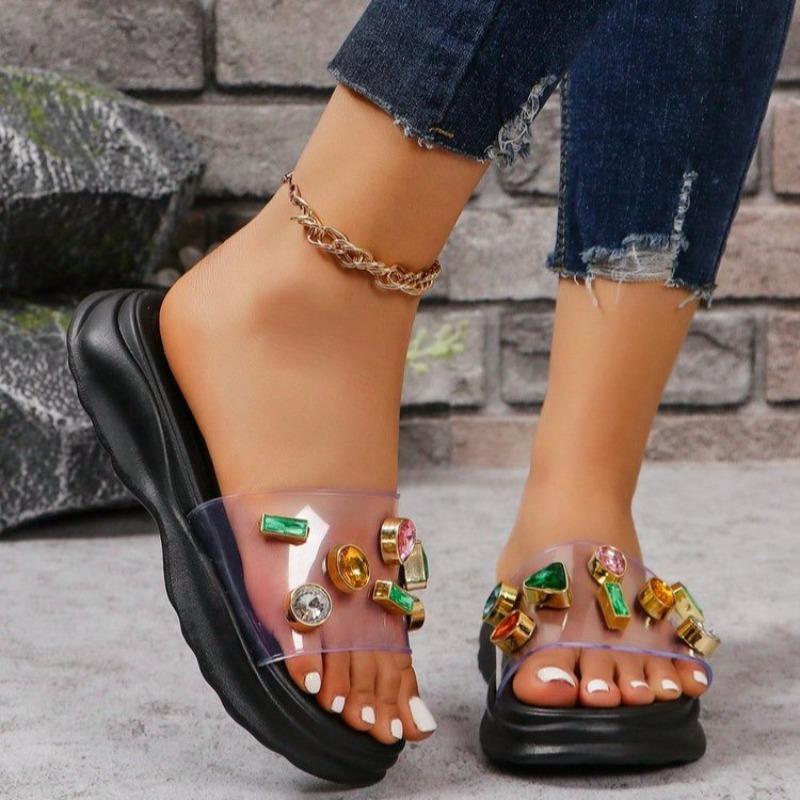 Fashion Platform Slippers Summer New Round Head Open Toe Crystal Buckle Transparent Strap Anti-slip Wear-resistant Sandals