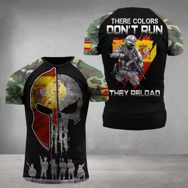 Summer Round Neck 3D Spanish Flag Veteran Print Top Fashionable Casual Short Sleeved Men's T-shirts