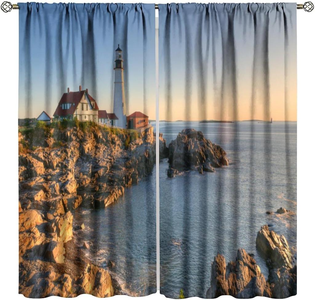 Lighthouse Curtains Vintage Sunset Ocean Island Lighthouse Nature Landscape Art Print Blackout Window Drapes for Bedroom Living