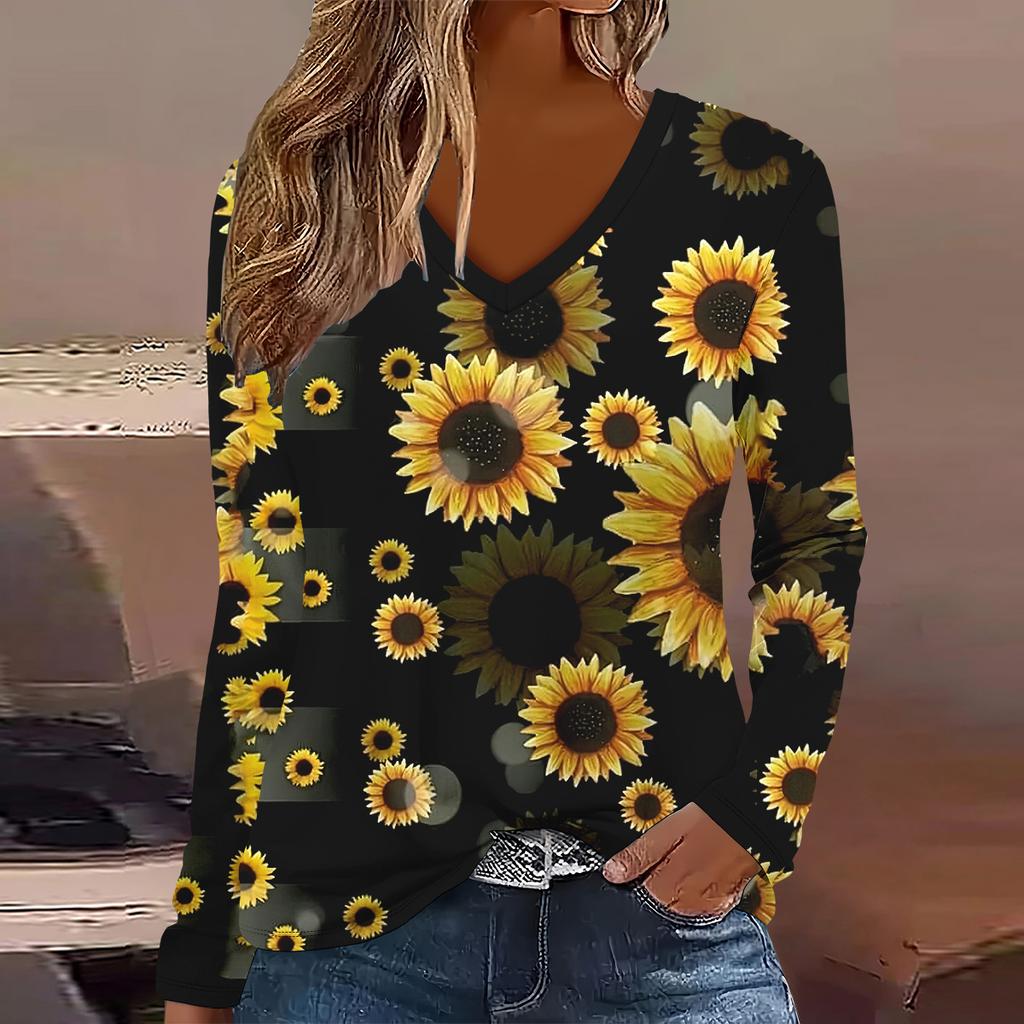 Übergröße Europäische und Amerikanische Mode 2025 Damen Elegantes V-Ausschnitt Langarm T-Shirt