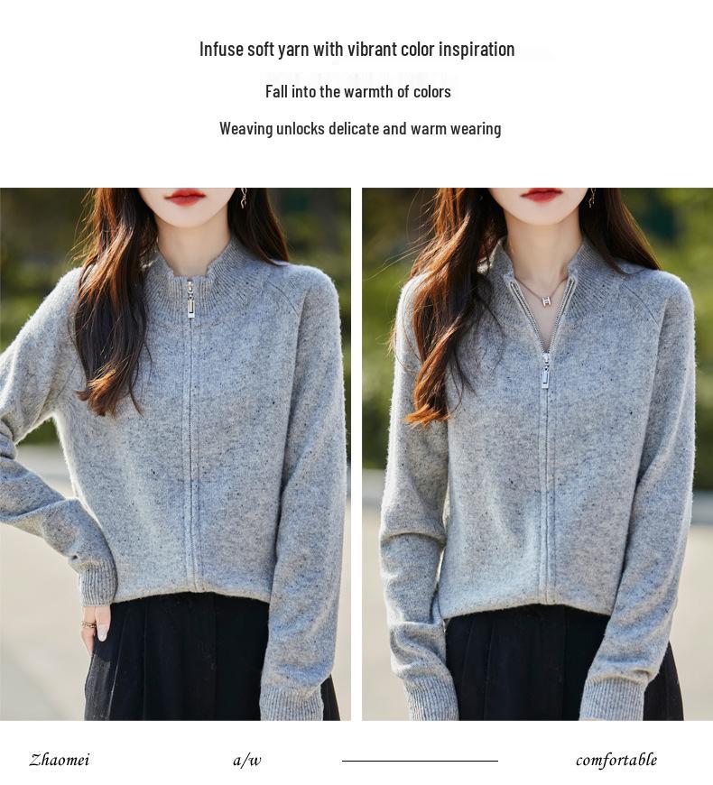Women's Speckled Yarn 100% Wool Zipper Cardigan with Half-High Collar