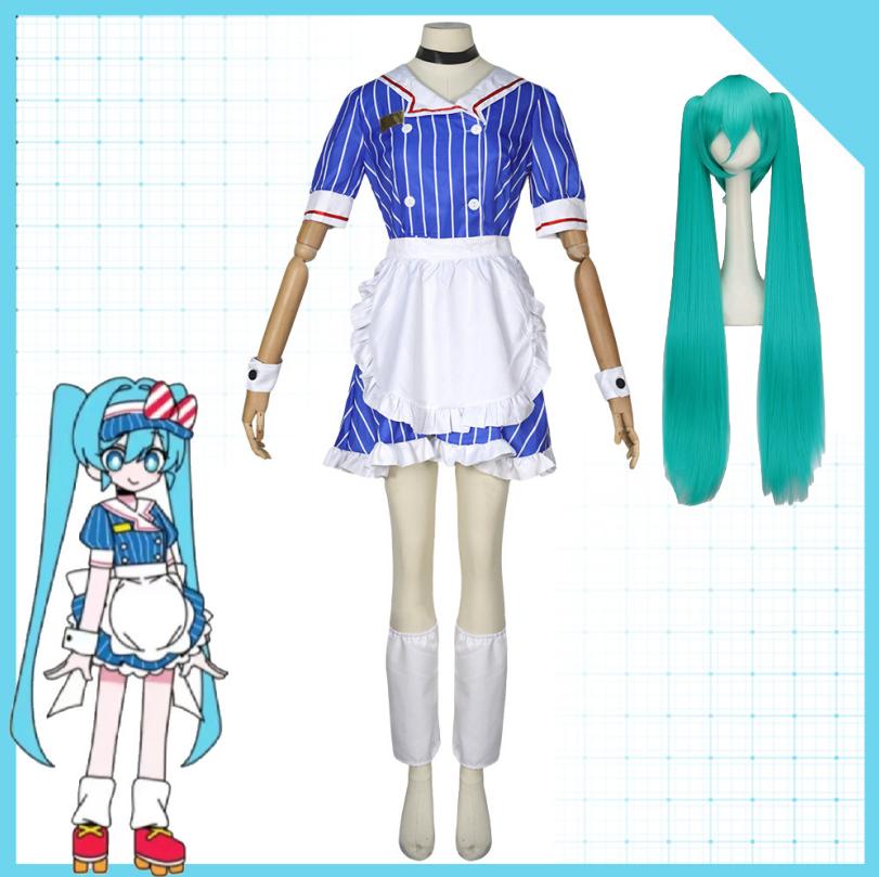 Anime Mesmerizer Vestito da Cameriera a Strisce Grembiule Costume Cosplay Set Completo con Parrucca per Halloween Natale Carnevale Festa
