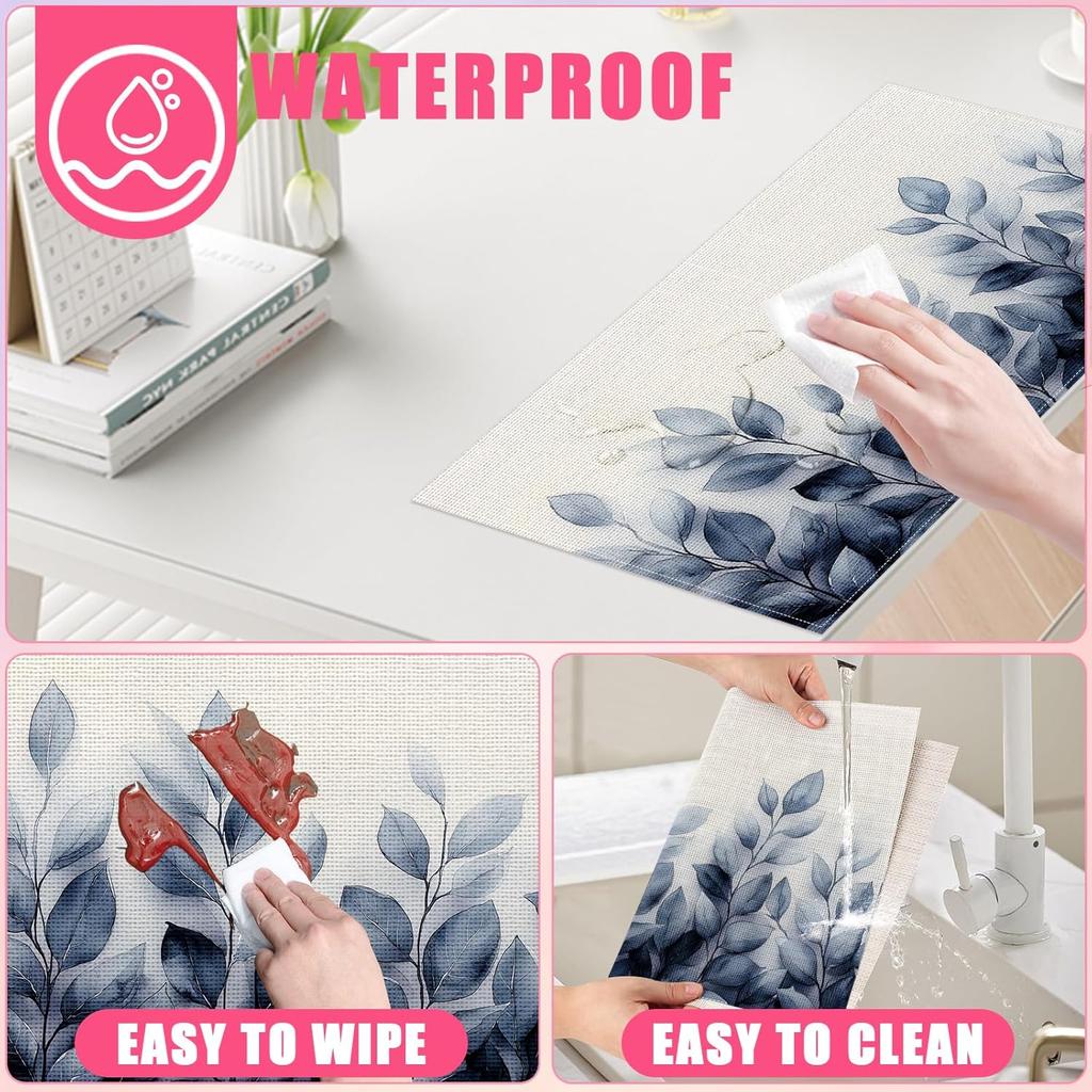 Spring Blue Leaves Placemats Set of 6,12x18 Inch Eucalyptus Leaves Linen Place Mat Washable Stain Resistant Table Mats