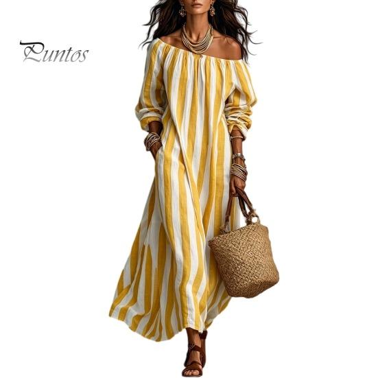 Daily Wear Dress Summer Women Striped Long Dress, Off Shoulder Sleeve Casual Ankle Length Loose Swing with Side Pocket