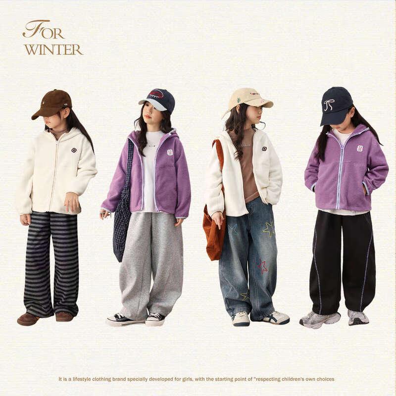 LUSON Girls' Double-Sided Fleece Hooded Jacket