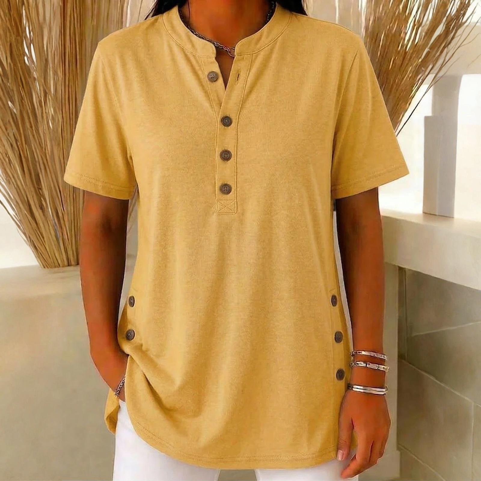 Women s Loose Casual V-Neck Button-Up Short-Sleeve T-Shirt L жёлтый