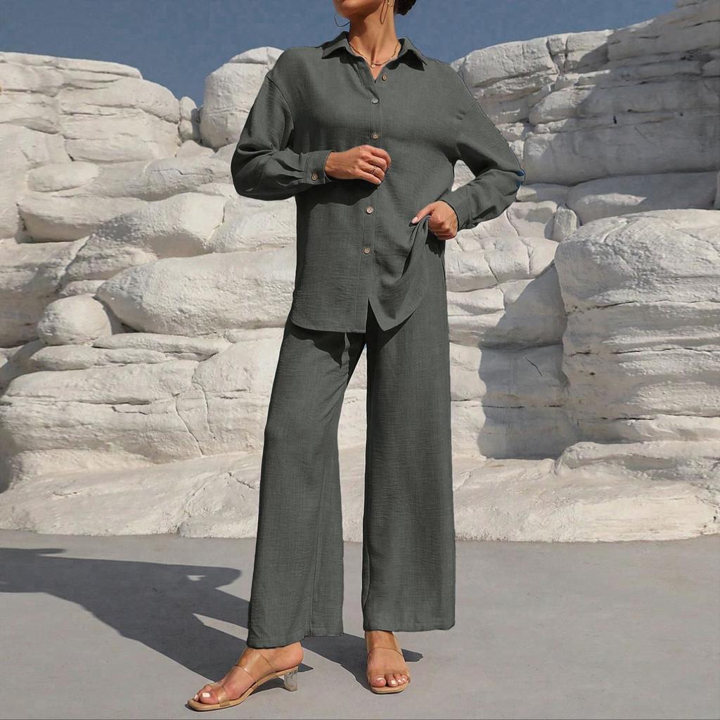 Women's Fashion Solid Color Collar Button Long Sleeve Top Elastic Waist Straight Pants Casual Set