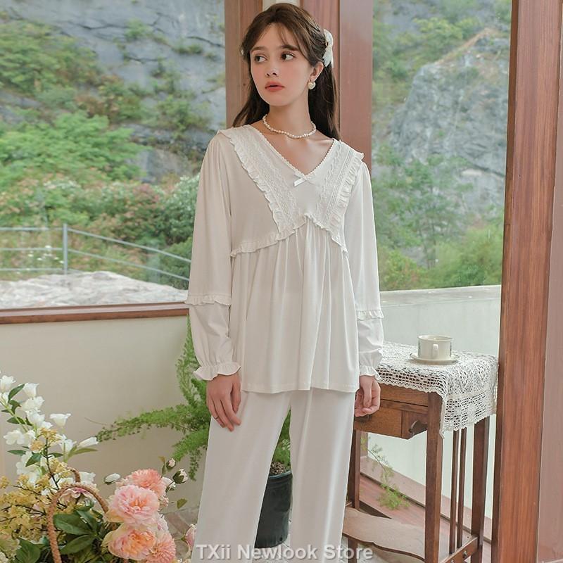 Long Sleeve Pajamas Set French Lace Court Style Autumn Two-Piece Home Clothes Can Be Worn Externally