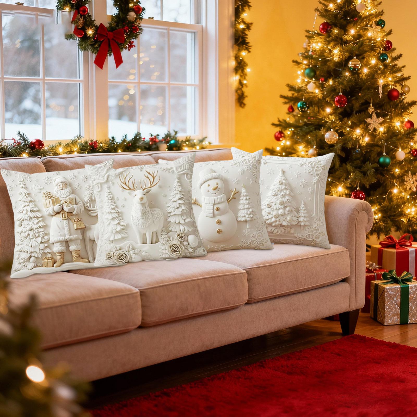 Christmas Cushion Covers Set Of 4 3d Visual Effect Soft White Christmas Throw Pillow Covers Snowman Night Pillowcase Silk One Size розового золота