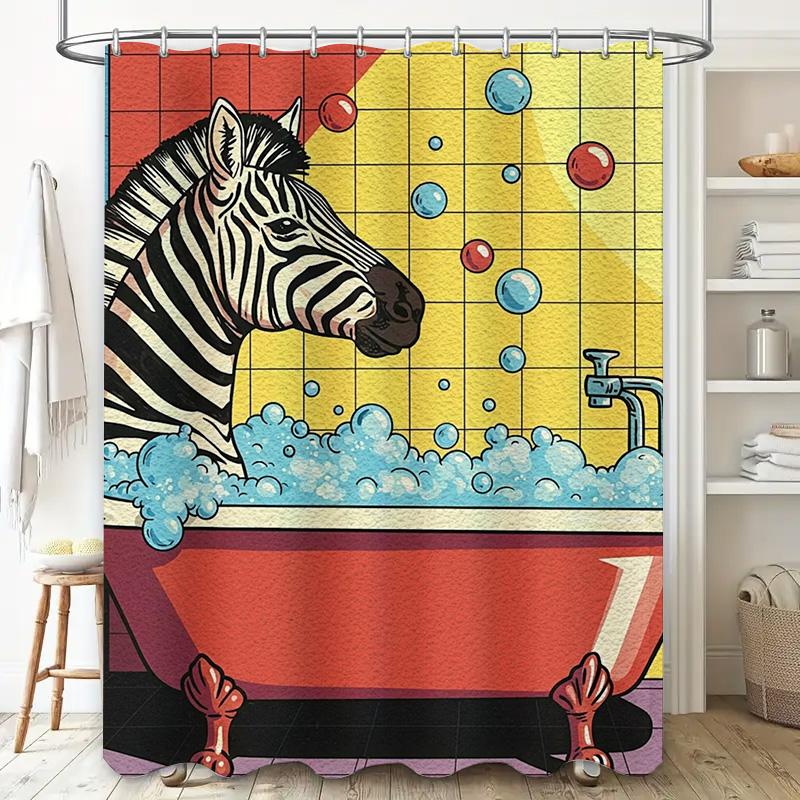 Animal Pattern Pop Art Shower Curtain Zebras Bathing In A Bubble Tub Red, Blue, Yellow Colorful Background Bathroom Decor Home A