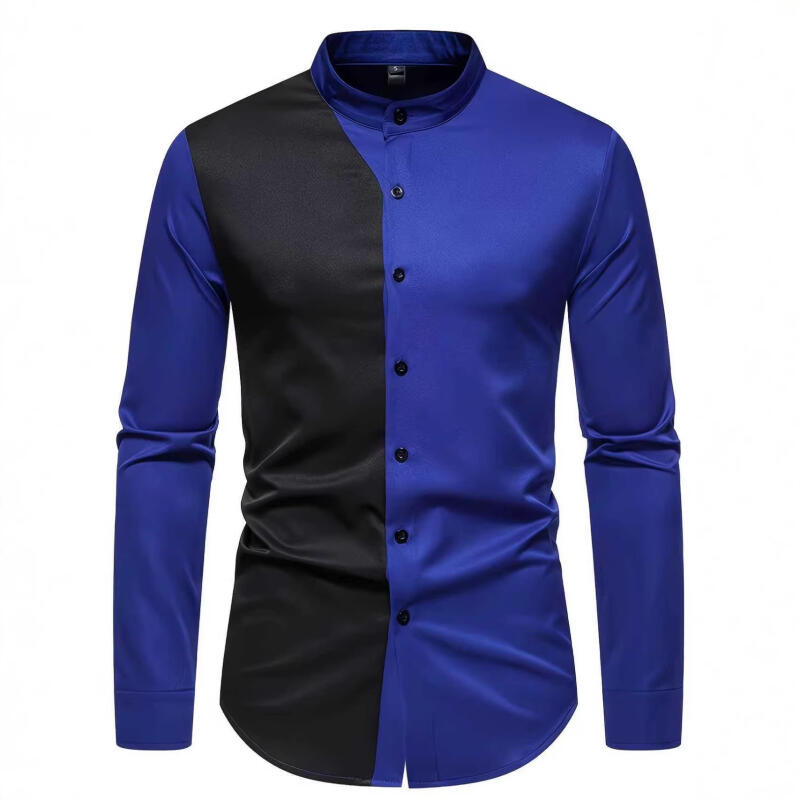 

Мужская повседневная рубашка с воротником-стойкой, пэчворк, цветная, для свадьбы, вечеринки, социального фестиваля, мужская, стимпанк, с длинным рукавом XL синий