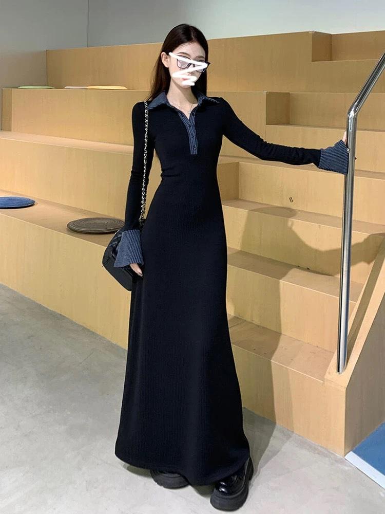 

French temperament POLO collar waist thin temperament explosive dress dopamine solid color elastic versatile long skirt S