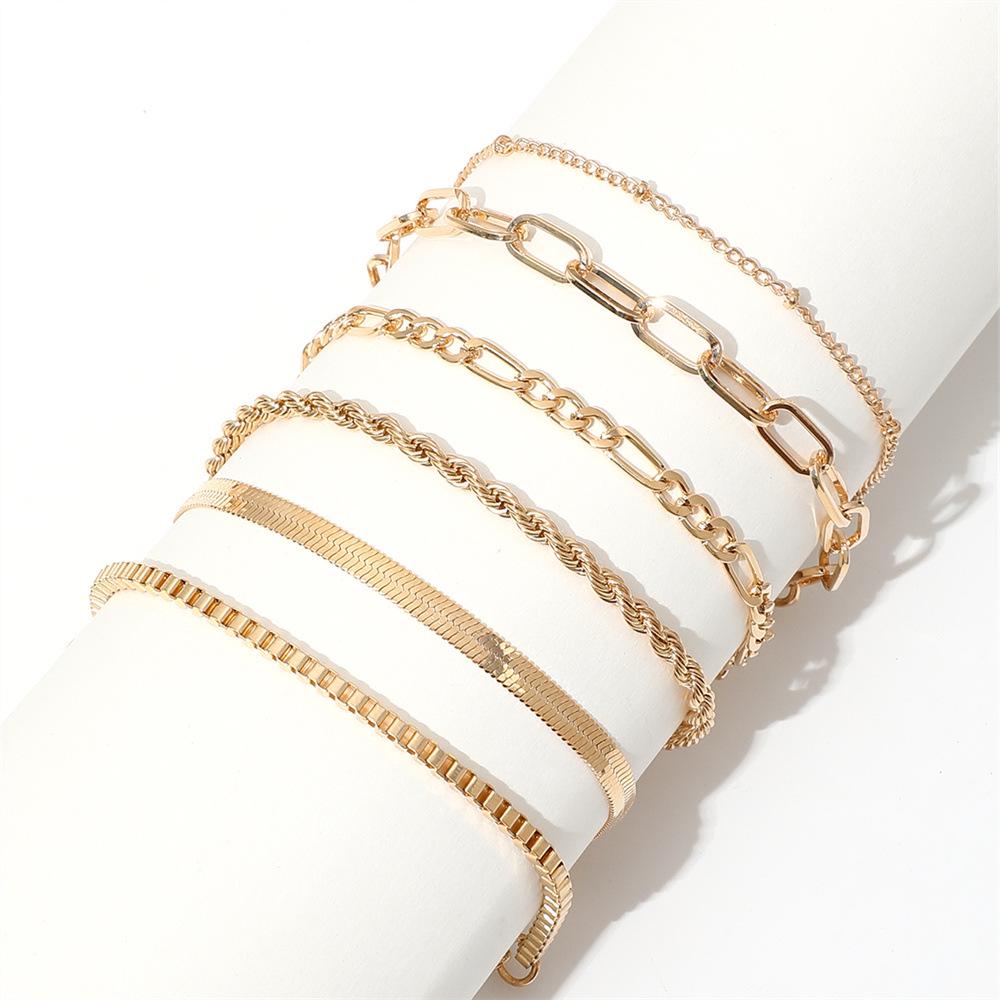 Bohemian Minimalist Women's Metal Chain Bracelet Set - 6 Multi-layer Hand Jewelry