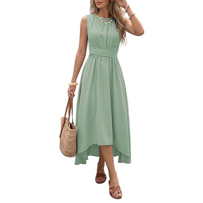 Women Cinched Waist Dress Wrap Waist Tie Crew Neck Sleeveless Tank Midi Dress Solid Color Asymmetrical A-Line Dress