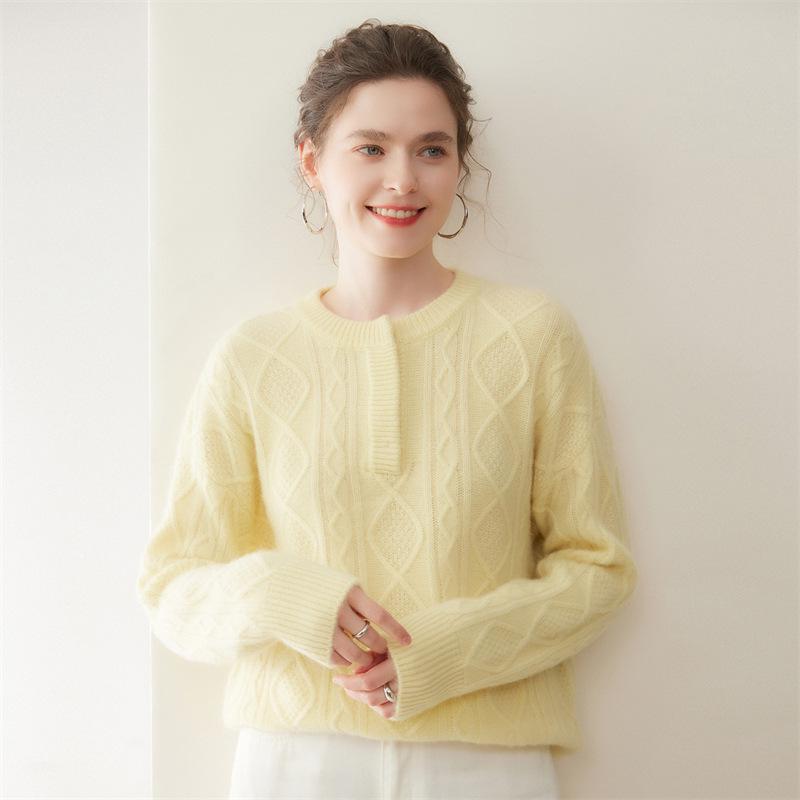 Women's Cashmere Cable Knit Sweater - Lazy Style, Solid Color, Long Sleeve