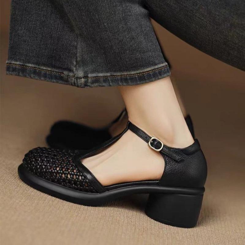 Woven Bag Heel Hollow Cutout Roman Shoes Summer New High Heel Block Heel Versatile Vintage Baotou Sandals Women