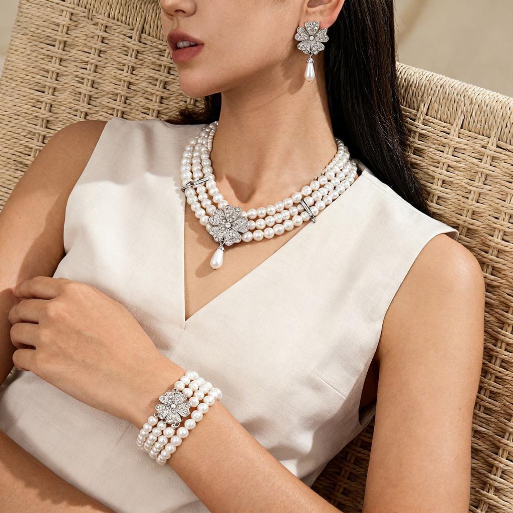 Baroque Diamond Imitation Pearl Flower Water Drop Multi-layer Necklace Temperament Necklace