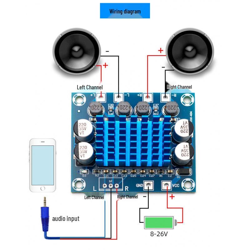 Dual Channel HD Digital Audio Amplifier Board, 12V/24V, 30W Loudspeaker Module, DC8V-26V MP3 Compatible