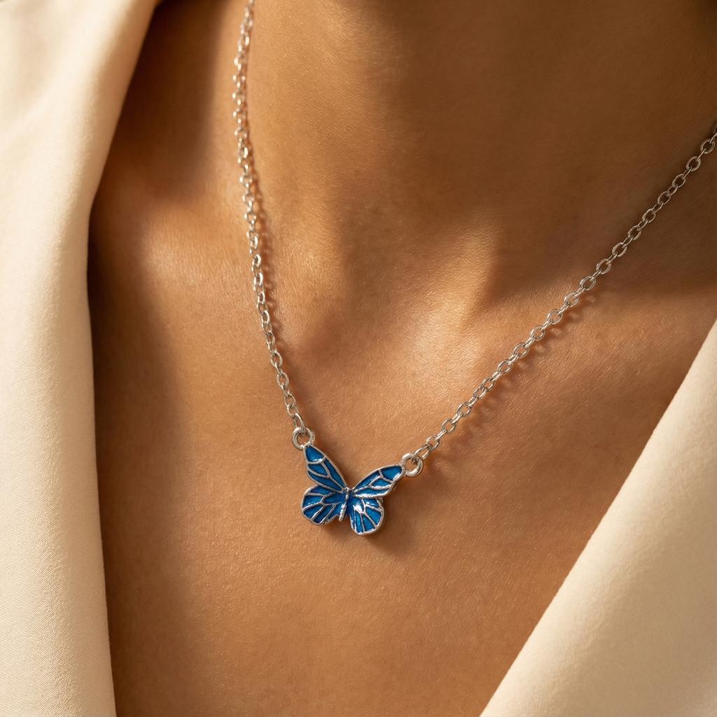 Dainty Fairycore Blue Butterfly Pendant Necklace for Women Summer Beach Silver Color Clavicle Chain Y2K Aesthetic Jewelry Gift