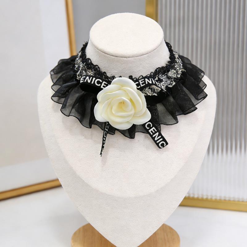 Romantic Black Gauze Bandana Collar: French Camellia Style for Small Cats & Dogs Extra Small