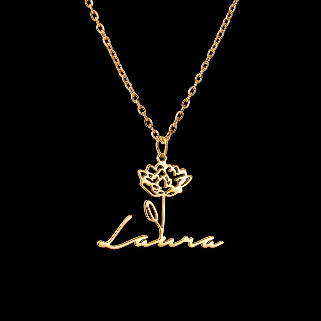 Atoztide Custom Name Necklace for Women Personalized Birth Month Flowers Stainless Steel Jewelry Choker Chain Birthday Gifts
