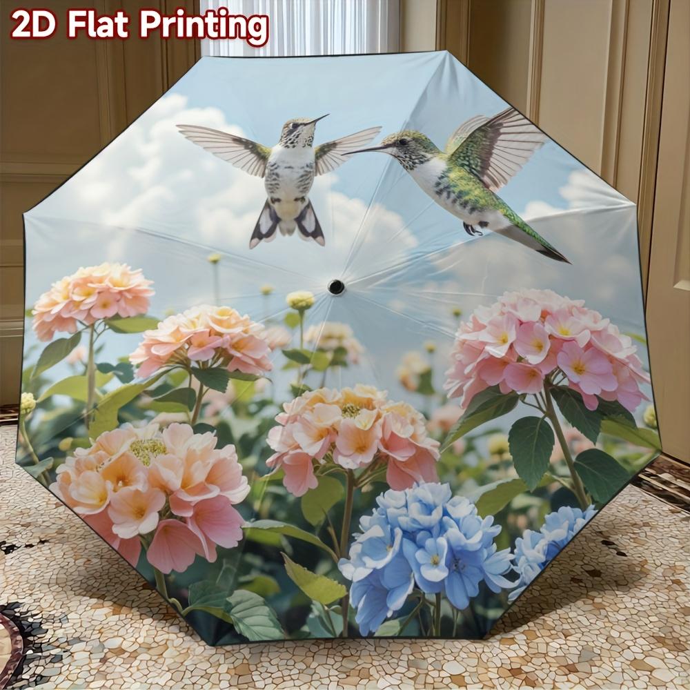 

1pc Automatic Folding Umbrella with Hummingbirds & Hydrangeas Floral Design - 8-Rib Sturdy Frame, Durable & Lightweight for Da Iron&8K