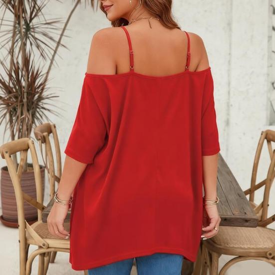 Women Blouse V-Neck 3/4 Sleeves Off Shoulder Straps Pullover Tops Asymmetric Lace Splicing Pure Color Mid-length Summer Tops